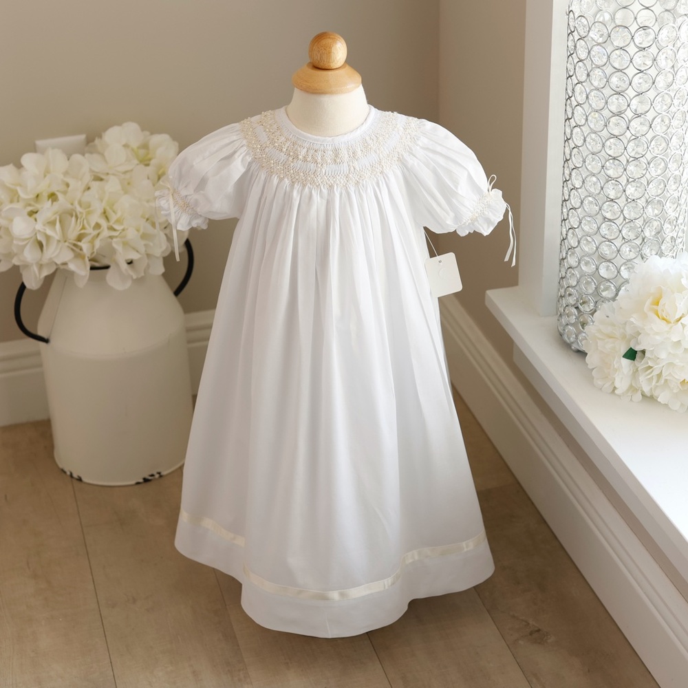 Strasburg Dress White Bishop Smocked Ecru Embroidery Pearls Flower Girl NEW
